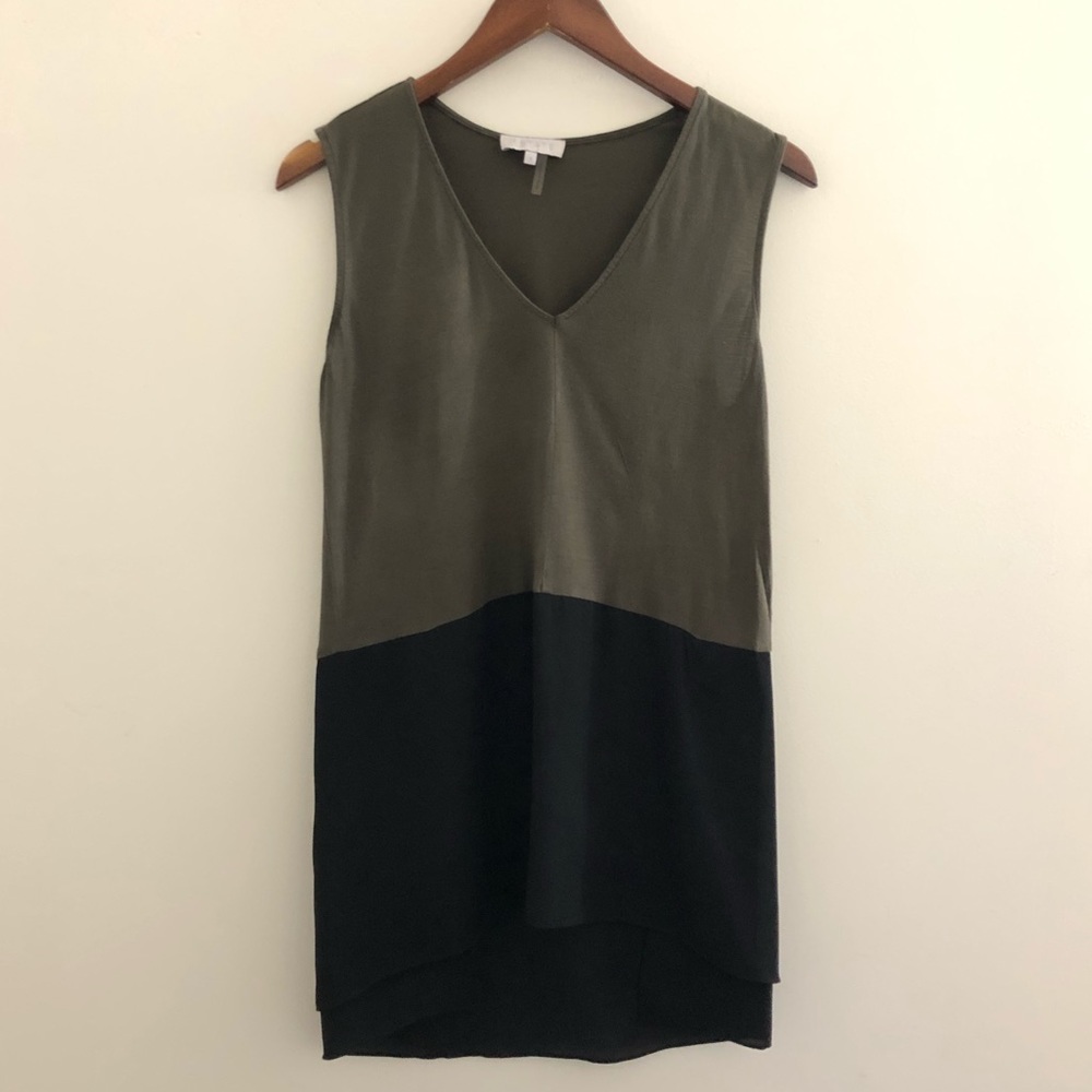 1. State Olive Green and Black Colorblock V-Neck Mini Dress